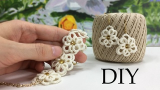 Needle tatting. Flower bracelet and earrings / Фриволите иглой. Браслет и серьги из мотивов-цветков