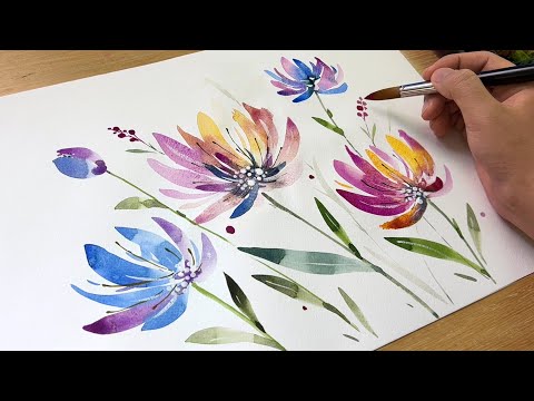 Painting Blue, Violet Flowers, Painting Watercolor for