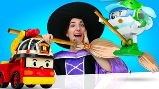 Befana regala la sua scopa ai giocattoli! Le macchinine Robocar volanti. Storie per bambini