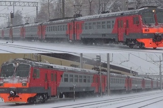 Заснеженная Москва! Электропоезда ЭД4М-0136 и ЭД4М-0127 следуют по заснеженным путям