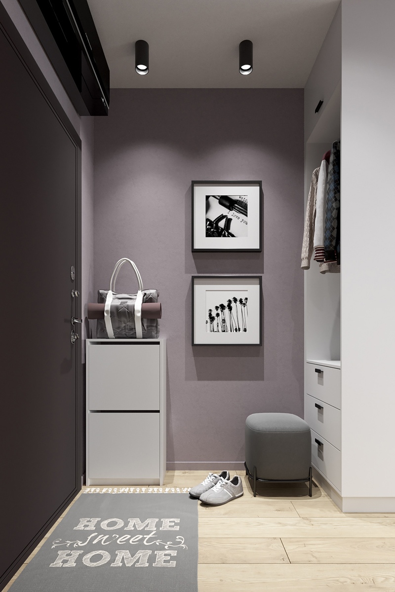 Проект небольшой квартиры-студии прямоугольной планировки, площадь не указана, в районе 26-28 м.